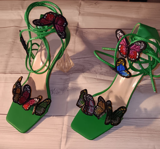 Green butterfly clear high heels